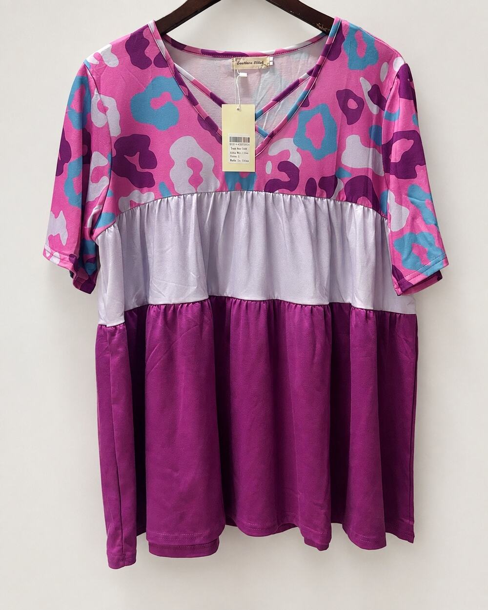 NWT Southern Stitch L Pink Leopard Colorblock Babydoll Tunic Top Crisscross